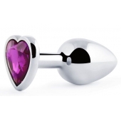 Серебристая анальная пробка с фиолетовым кристаллом-сердечком - 8 см. - Anal Jewelry Plug - купить с доставкой в Старом Осколе