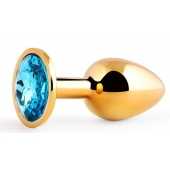 Золотистая анальная пробка с голубым стразом - 7,2 см. - Anal Jewelry Plug - купить с доставкой в Старом Осколе