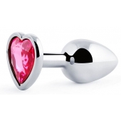 Серебристая анальная пробка с розовым кристаллом-сердечком - 7 см. - Anal Jewelry Plug - купить с доставкой в Старом Осколе
