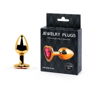 Золотистая анальная пробка с малиновым кристаллом-сердечком - 7 см. - Anal Jewelry Plug - купить с доставкой в Старом Осколе