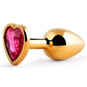 Золотистая анальная пробка с малиновым кристаллом-сердечком - 7 см. - Anal Jewelry Plug - купить с доставкой в Старом Осколе