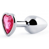 Серебристая анальная пробка с малиновым кристаллом-сердечком - 7 см. - Anal Jewelry Plug - купить с доставкой в Старом Осколе