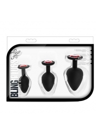 Набор черных анальных пробок с красным кристаллом-сердечком Bling Plugs Training Kit - Blush Novelties - купить с доставкой в Старом Осколе