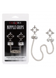 Металлические зажимы для сосков на цепочке Nipple Grips 4-Point Nipple Press with Bells - California Exotic Novelties - купить с доставкой в Старом Осколе