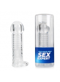 Прозрачная рельефная насадка-реалистик с петлей для мошонки - 13,5 см. - Sex Expert - в Старом Осколе купить с доставкой