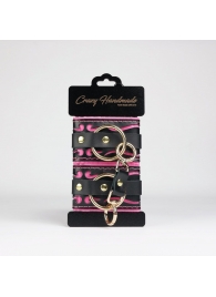 Черные кожаные наручники с розовой строчкой - Crazy Handmade - купить с доставкой в Старом Осколе