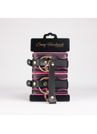 Черные кожаные оковы с розовой строчкой - Crazy Handmade - купить с доставкой в Старом Осколе