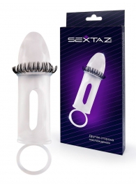 Закрытая насадка на пенис с подхватом мошонки и стимулирующими «ресничками» - Sextaz - в Старом Осколе купить с доставкой