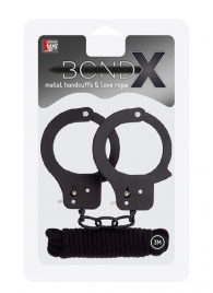 Чёрные наручники из листового металла в комплекте с веревкой BONDX METAL CUFFS LOVE ROPE SET - Dream Toys - купить с доставкой в Старом Осколе