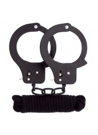 Чёрные наручники из листового металла в комплекте с веревкой BONDX METAL CUFFS LOVE ROPE SET - Dream Toys - купить с доставкой в Старом Осколе