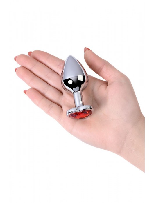 Серебристая коническая анальная пробка с красным кристаллом-сердечком - 7 см. - ToyFa - купить с доставкой в Старом Осколе