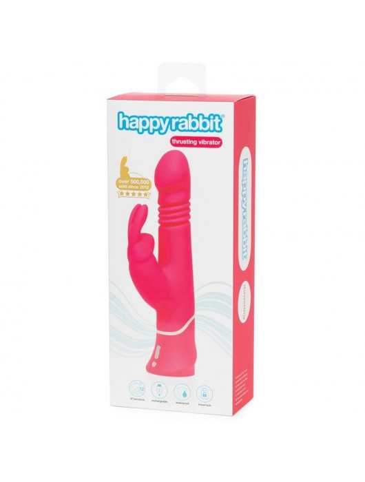 Розовый вибратор Thrusting Realistic Rechargeable Rabbit Vibrator с имитацией толчков - 22,8 см. - Happy Rabbit