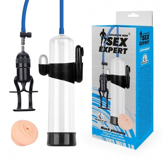 Прозрачная вакуумная вибропомпа Sex Expert с насадкой-вагиной - Sex Expert - в Старом Осколе купить с доставкой