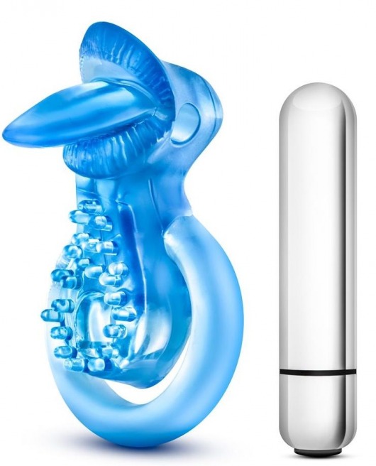 Голубое эрекционное виброкольцо 10 Function Vibrating Tongue Ring - Blush Novelties - в Старом Осколе купить с доставкой