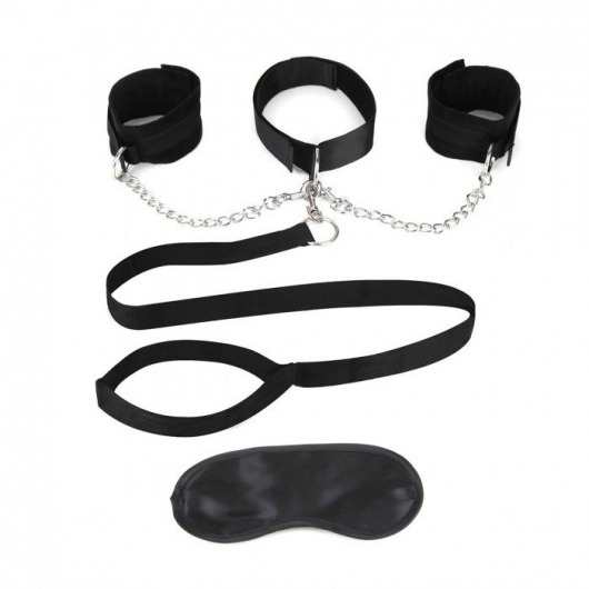 Чёрный ошейник с наручниками и поводком Collar Cuffs   Leash Set - Lux Fetish - купить с доставкой в Старом Осколе