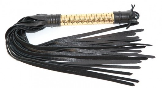 Чёрная плетка  из натуральной кожи с золотистой отделкой рукояти - БДСМ Арсенал - купить с доставкой в Старом Осколе