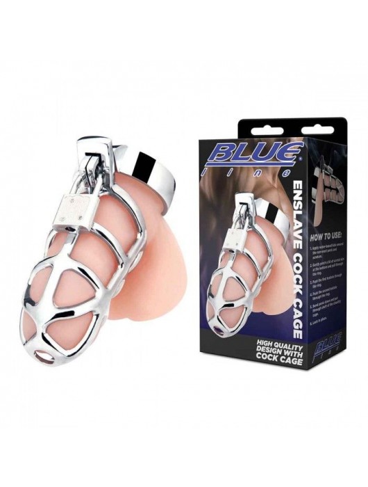 Серебристая металлическая клетка для члена с замком Enslave Cock Cage - BlueLine - купить с доставкой в Старом Осколе