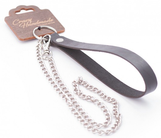 Серебристый металлический поводок с кожаной черной ручкой - 80 см. - Crazy Handmade - купить с доставкой в Старом Осколе