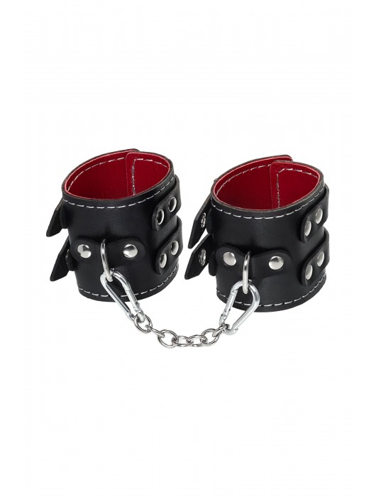 Черные кожаные наручники с двумя ремнями и красной подкладкой - Pecado - купить с доставкой в Старом Осколе