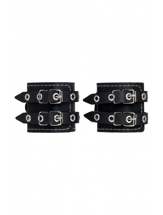 Черные кожаные наручники с двумя ремнями и красной подкладкой - Pecado - купить с доставкой в Старом Осколе