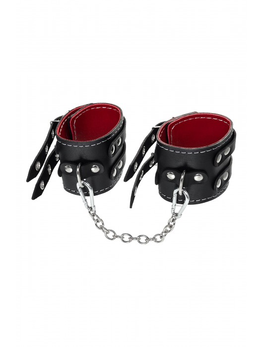 Черные кожаные оковы с двумя ремнями и красной подкладкой - Pecado - купить с доставкой в Старом Осколе