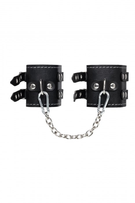 Черные кожаные оковы с двумя ремнями и красной подкладкой - Pecado - купить с доставкой в Старом Осколе
