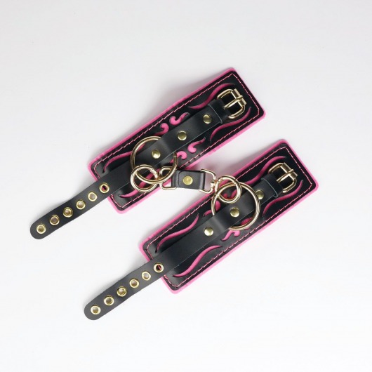 Черные кожаные наручники с розовой строчкой - Crazy Handmade - купить с доставкой в Старом Осколе