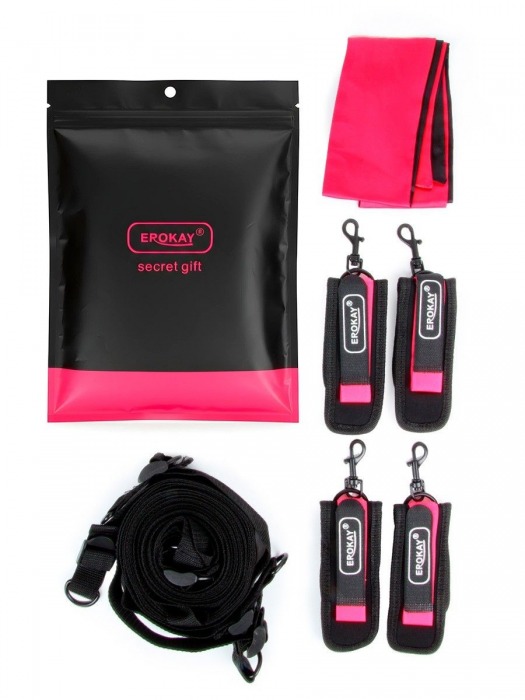 Черно-розовый эротический набор: фиксатор, оковы, наручники, повязка - Erokay - купить с доставкой в Старом Осколе