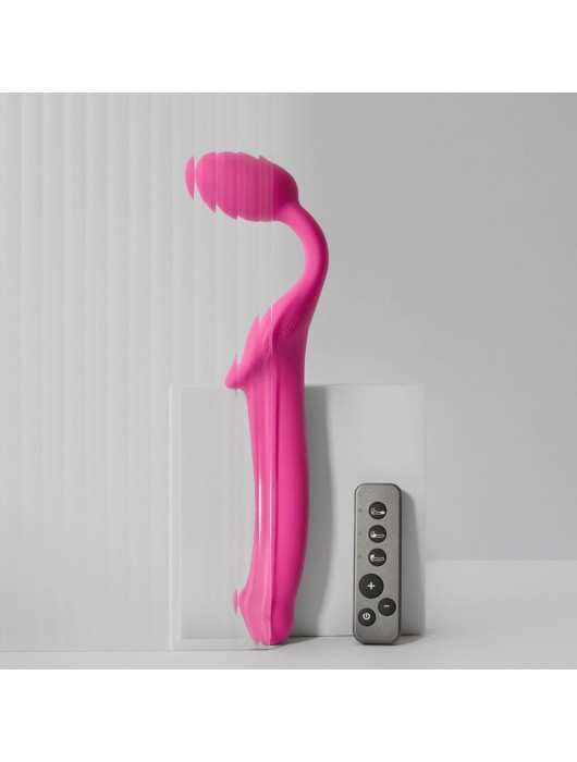 Ярко-розовый безремневой страпон Strap-on-me Vibrating Bendable Strap-On size M - Strap-on-me - купить с доставкой в Старом Осколе