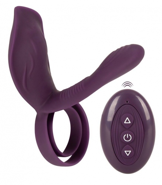 Фиолетовая насадка на член с клиторальным отростком и пультом ДУ RC Couple’s Vibrator 2 - Orion - в Старом Осколе купить с доставкой
