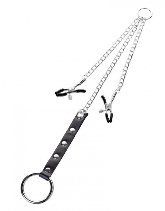 Серебристо-чёрные зажимы для сосков с кольцом для пениса TOYFA Metal - ToyFa - купить с доставкой в Старом Осколе